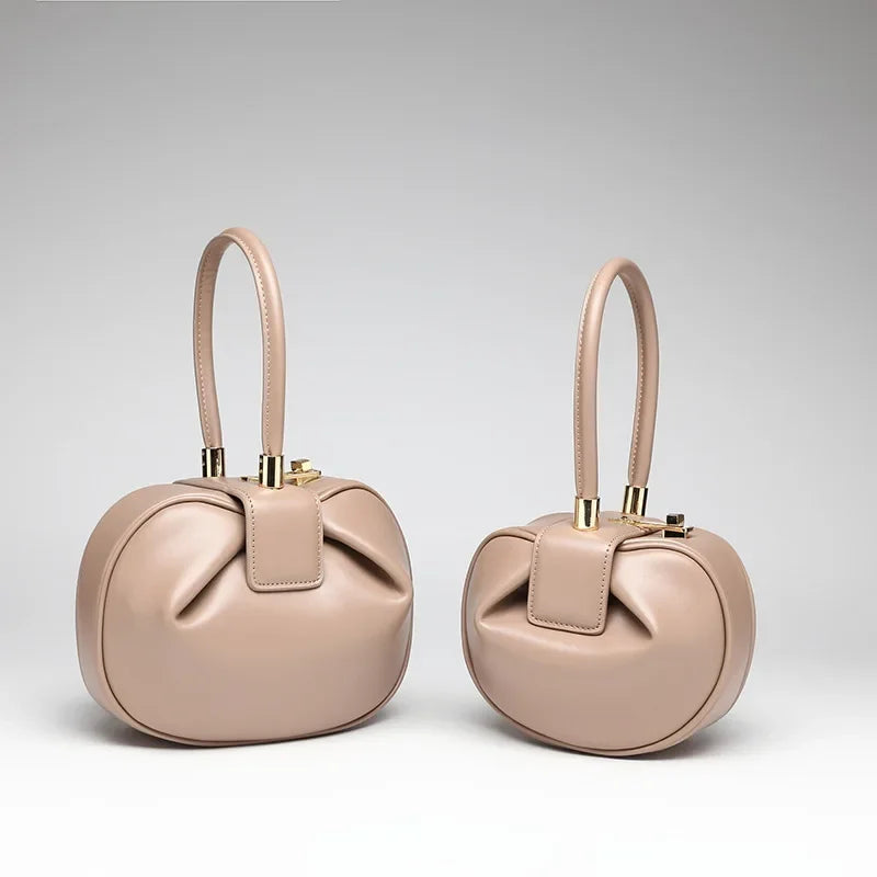 Genuine Cow Leather Round Dumpling Bag — Black | KIMLUD