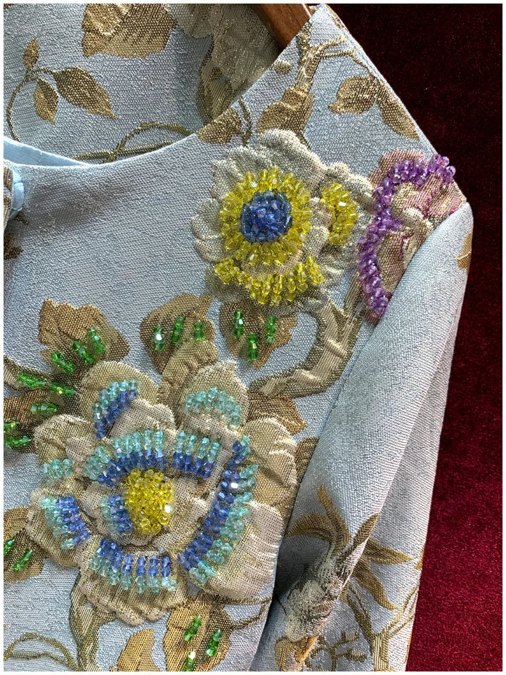 Luxury Lady Vintage Autumn Embroidery Jacket Women Floral Beading Long Coat Covered Button Outwear Trench O-neck