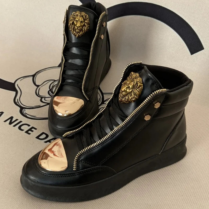 Artificial Leather High-Top Sneakers With Zip Decoration — Black | KIMLUD