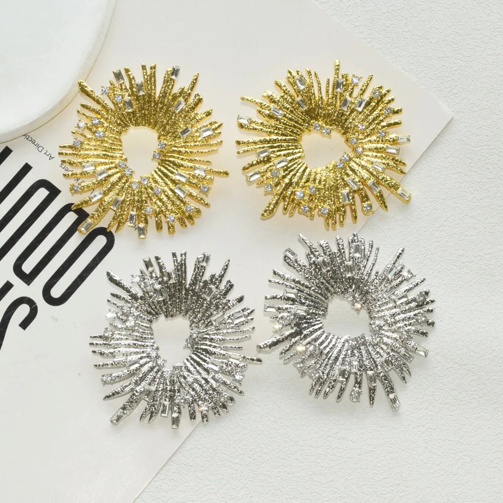 Metal Alloy Round Rhinestone Sunshine Charms Earrings — Gold | KIMLUD