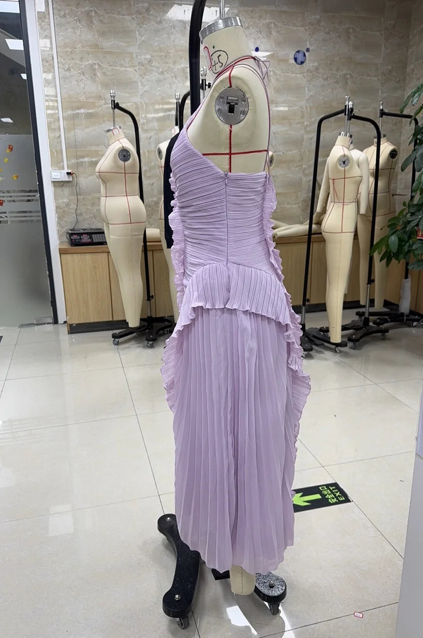Ruffle Pleated Halter Maxi Dress With Irregular Tiered Pleats — Lavender | KIMLUD