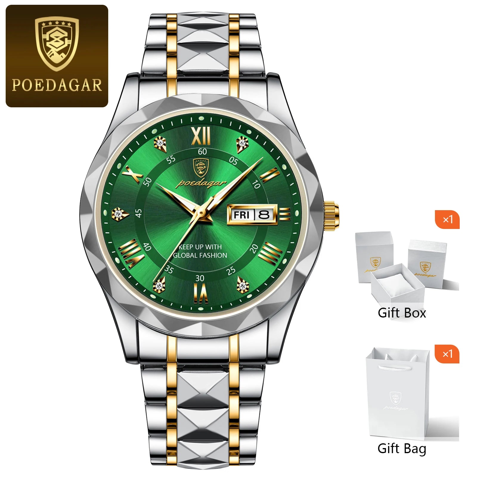 POEDAGAR Luxury Men's Watches Waterproof Luminous Date Week Watch For Man Stainless Steel Quartz Casual Men Wristwatch+Box Gift