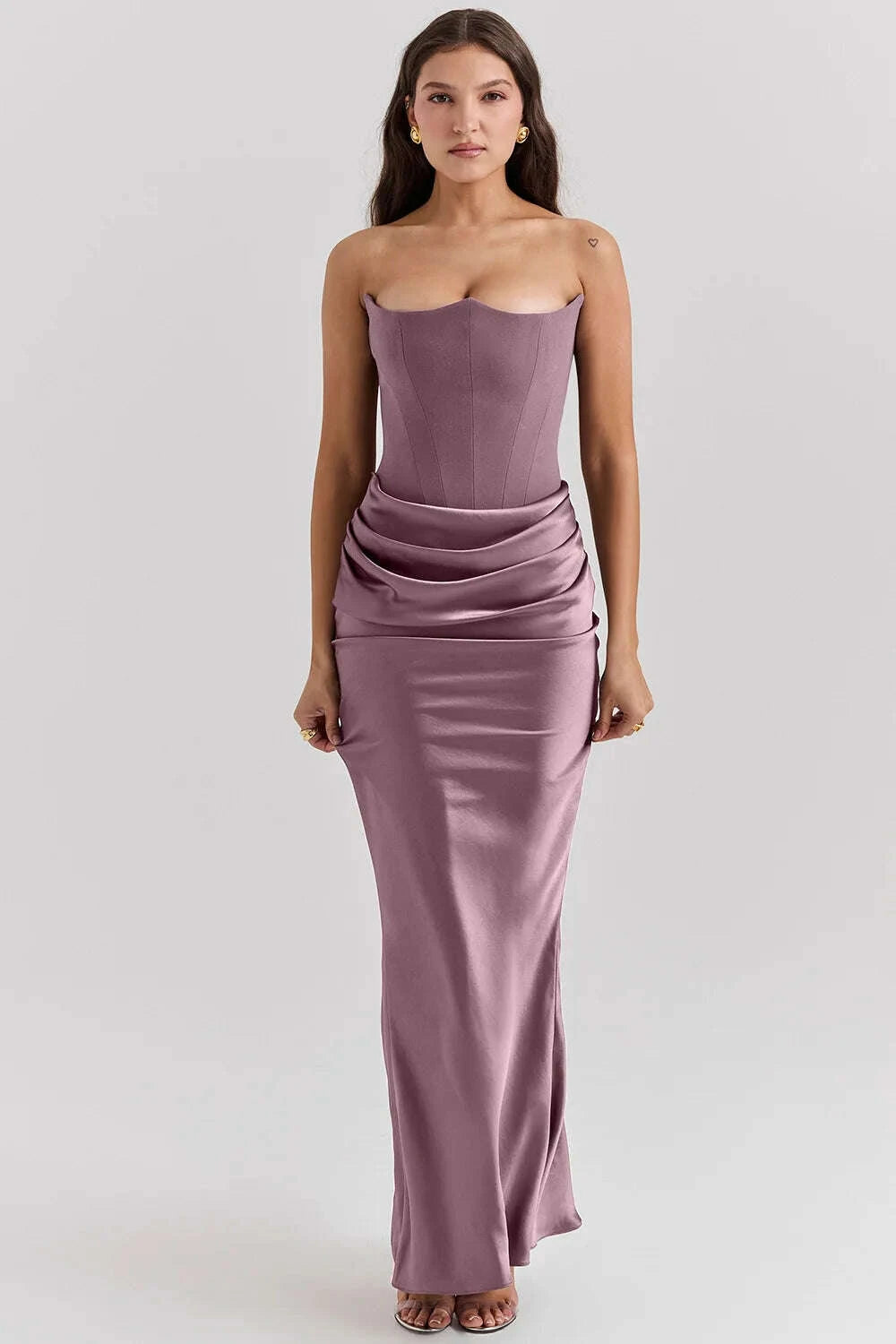 Elegant Pink Strapless Satin Patchwork Maxi Dress Women Sexy Sleeveless Ruched Bodycon Dresses Evening Cocktail Party Long Dress