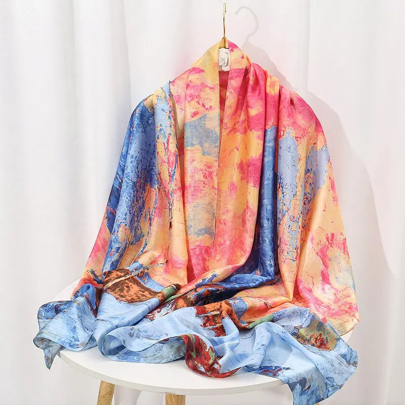 Brocade Satin Printed Shawl Cape With Couture Draping And Sun Protection — Multicolor | KIMLUD