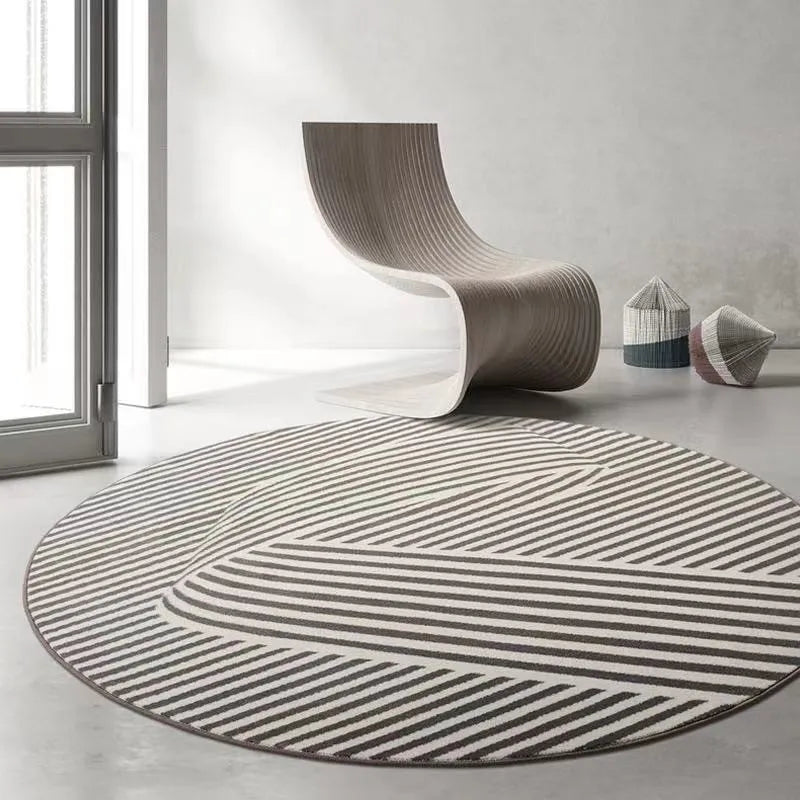 Fluffy/100% Polyester Round Rug with Stripe Wilton Design — White | KIMLUD