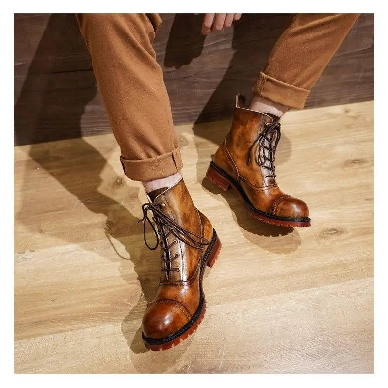 Cow Genuine Leather Motorcycle Boots Brogue Shoes Retro High Big Head Chelsea Men's Boots Ankle Boots For Men Brown