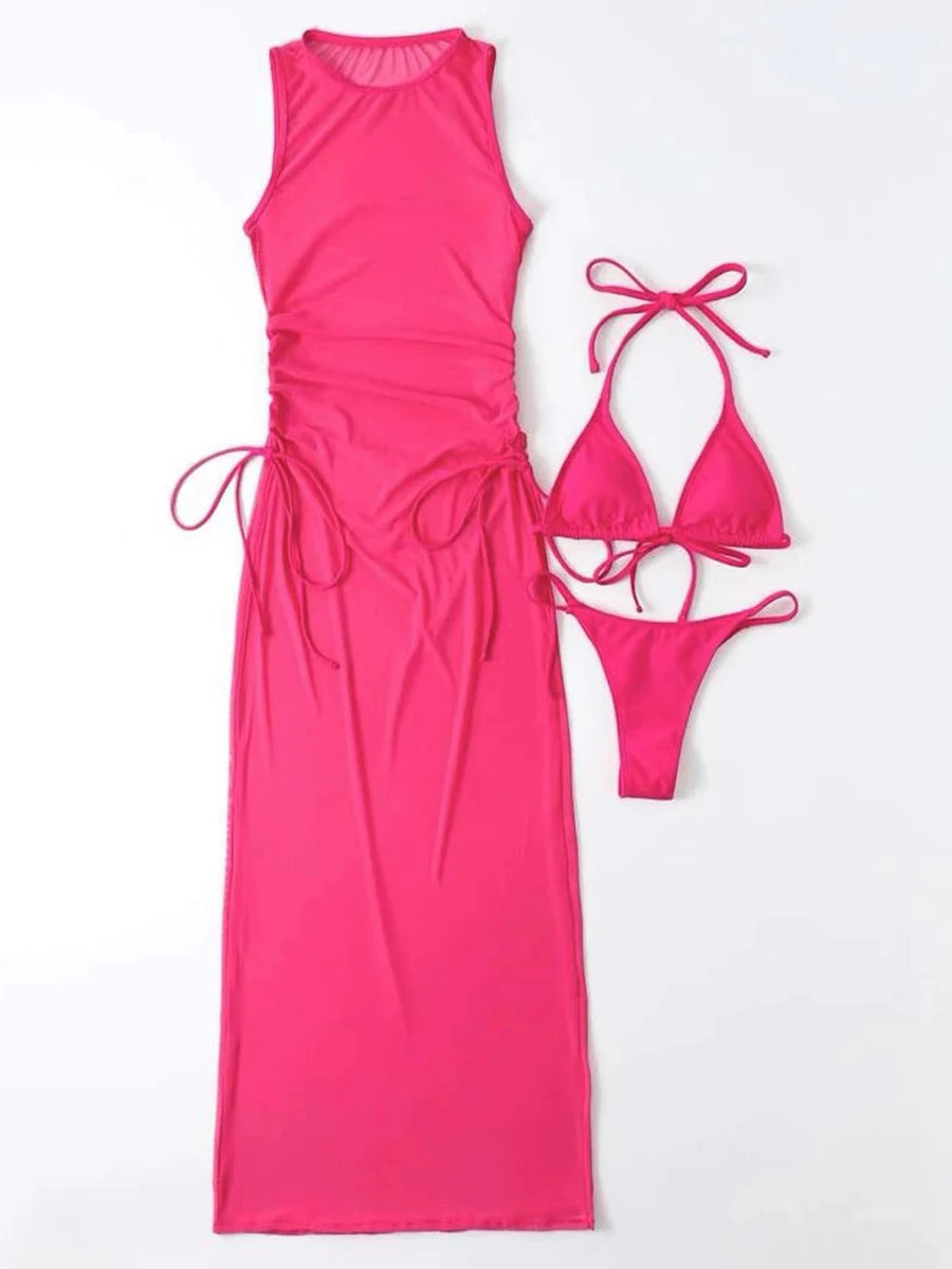 3 Pieces Thong Bikini 2023 Women With Dress String Swimwear Female Solid Swimsuit Beach Wear Bathing Swimming Suit Summer - KIMLUD