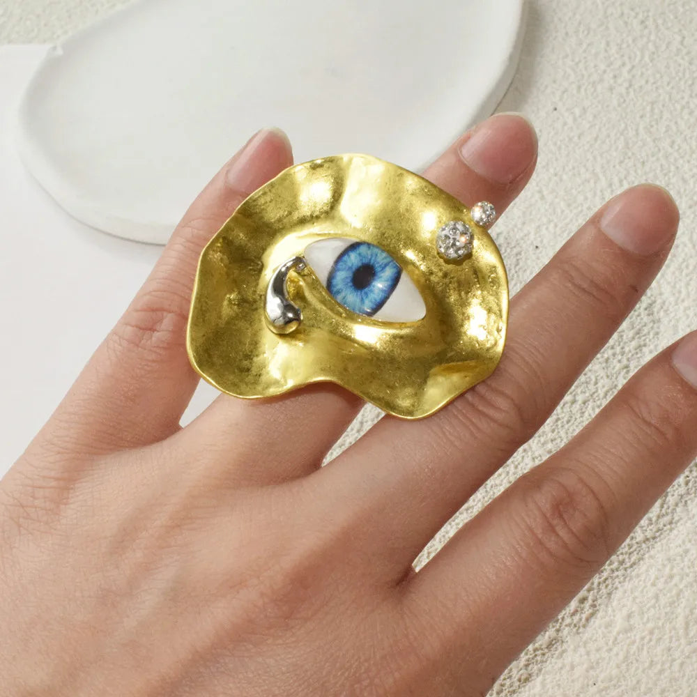 New Exaggerated Baroque Style Metal Plated Blue Eyes Open Ring For Women Fashion Jewelry Accessories