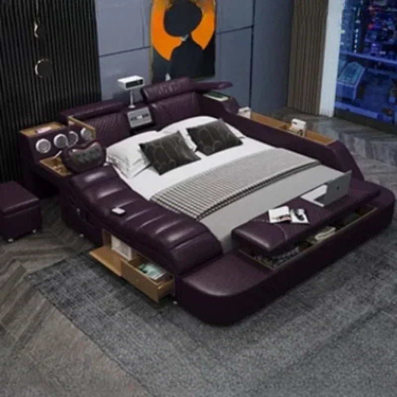 Leather Tatami Multifunction Bed With Projector — Ivory | KIMLUD