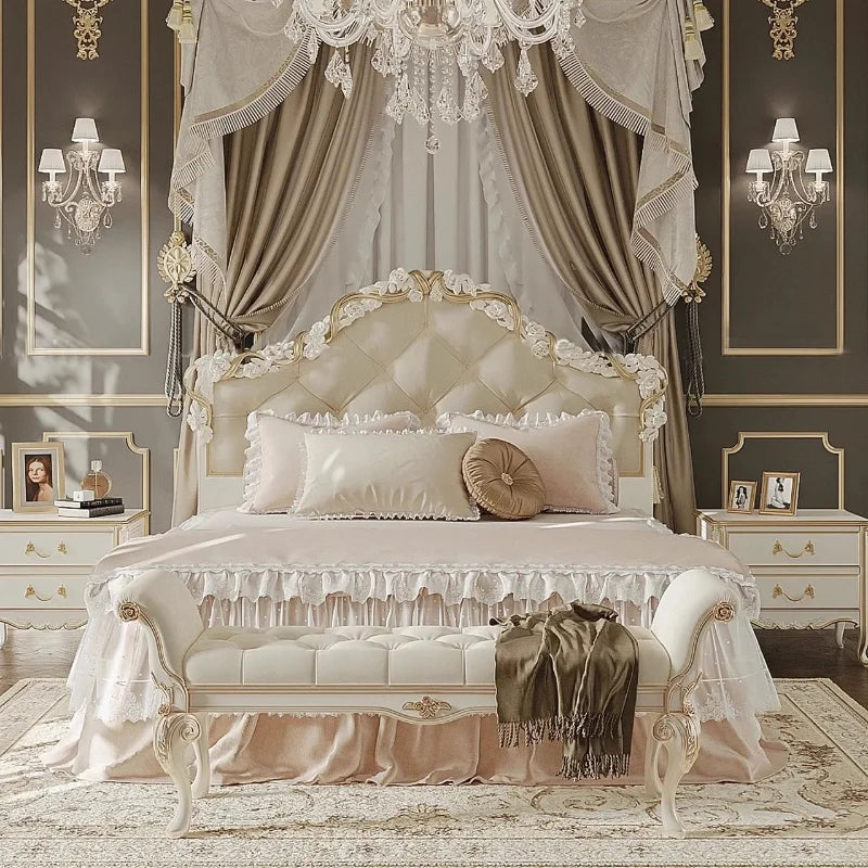Solid Wood Bed European Court Carved — Ivory | KIMLUD