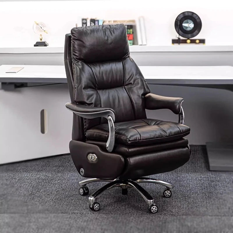 Leather Electric Office Chair Footrest Lift Rotatable — Espresso Black | KIMLUD