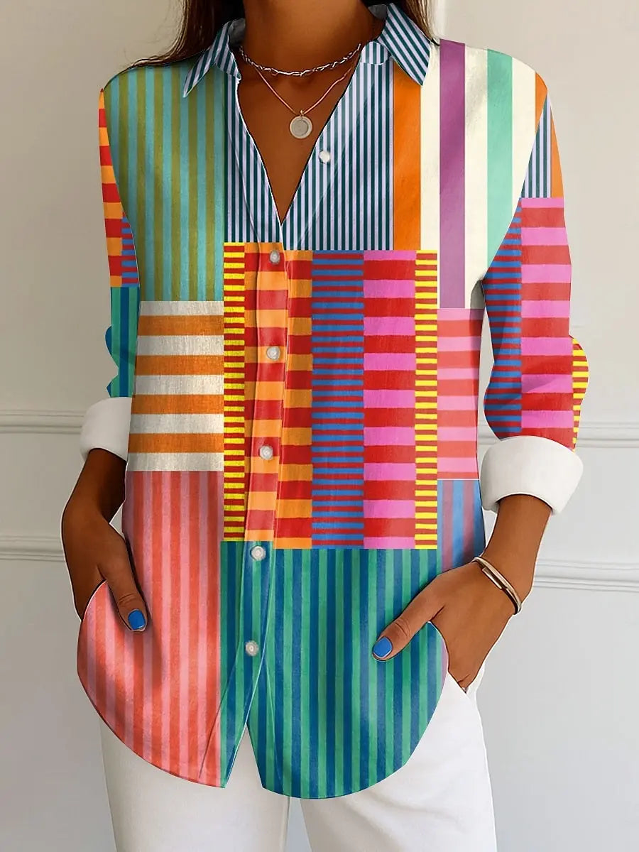 Shirt – Graphic Geometric Striped Tropical Print – Long Sleeve | KIMLUD