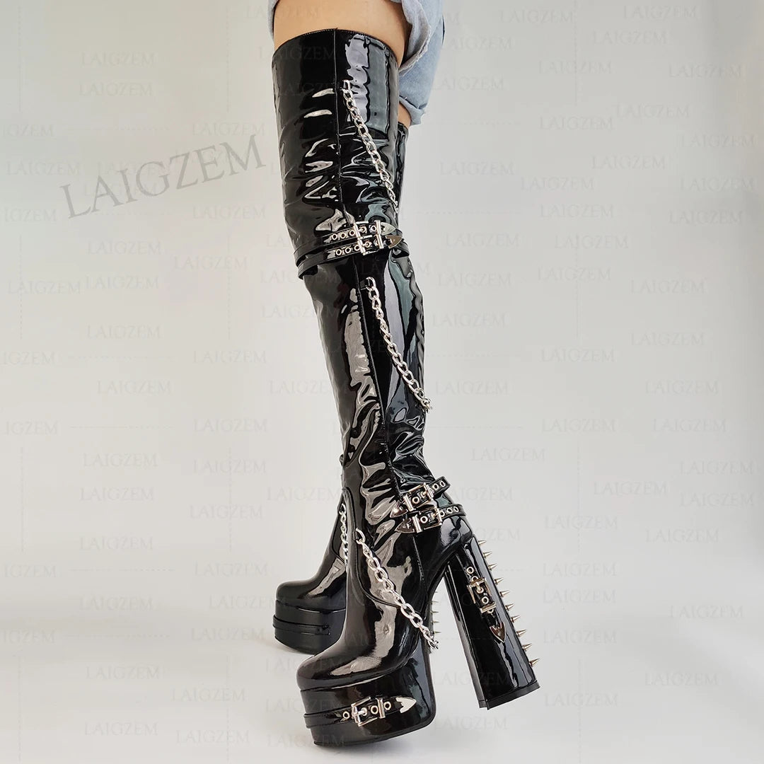 Over-the-Knee Boots – Slim Fit Platform Heels – Rivets Chains – Black | KIMLUD