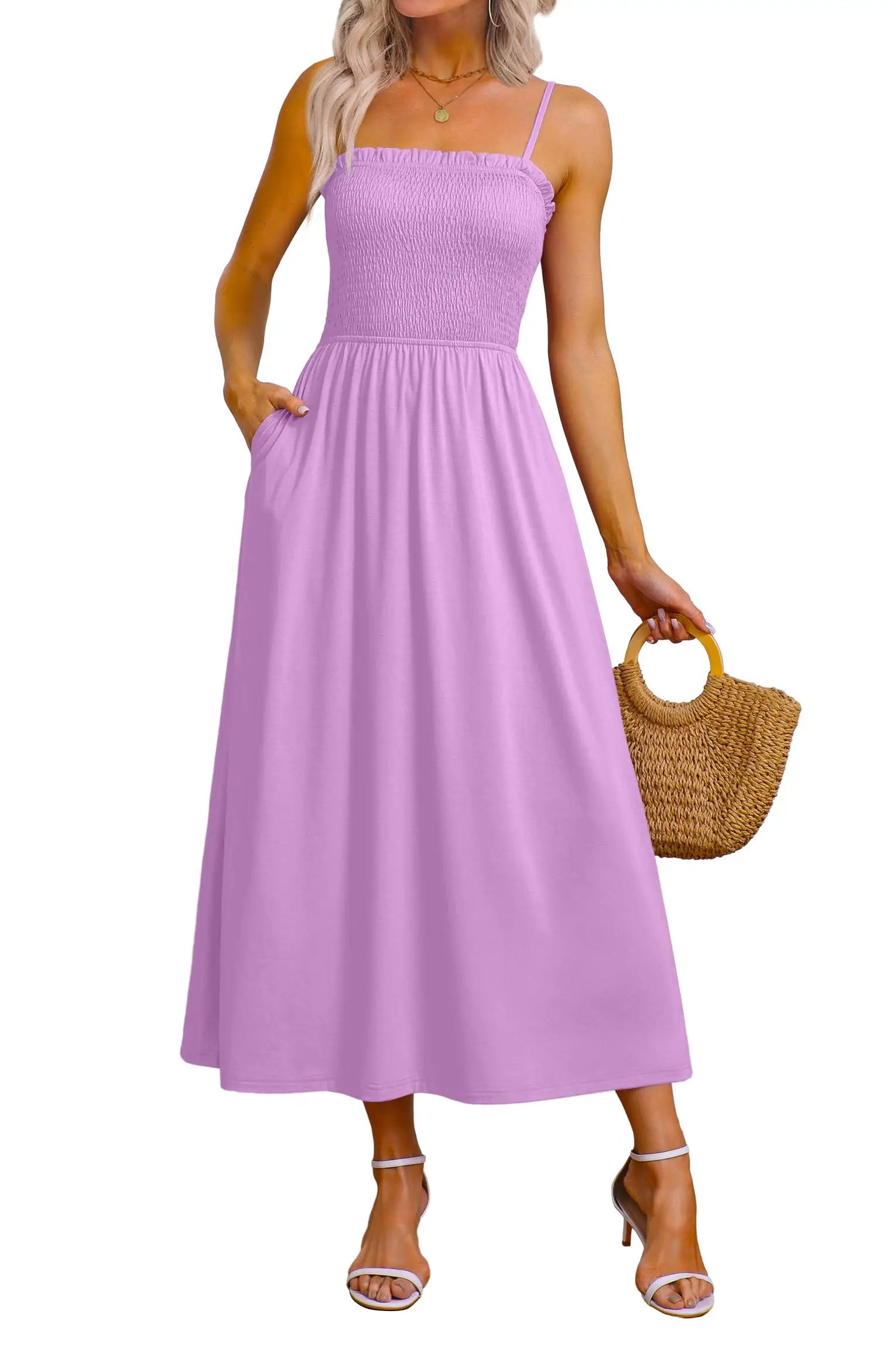 Spaghetti Strap Maxi Dress – Smocked Waist – Polyester Fiber | KIMLUD