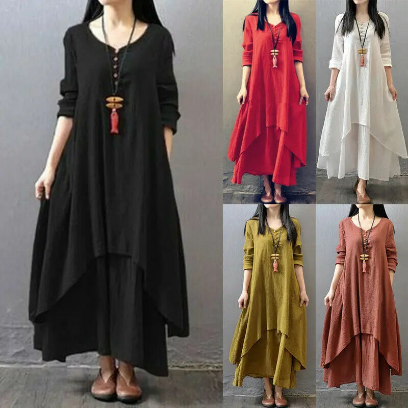 Linen-Blend Maxi Dress Relaxed Long-Sleeve Swing — Ivory | KIMLUD