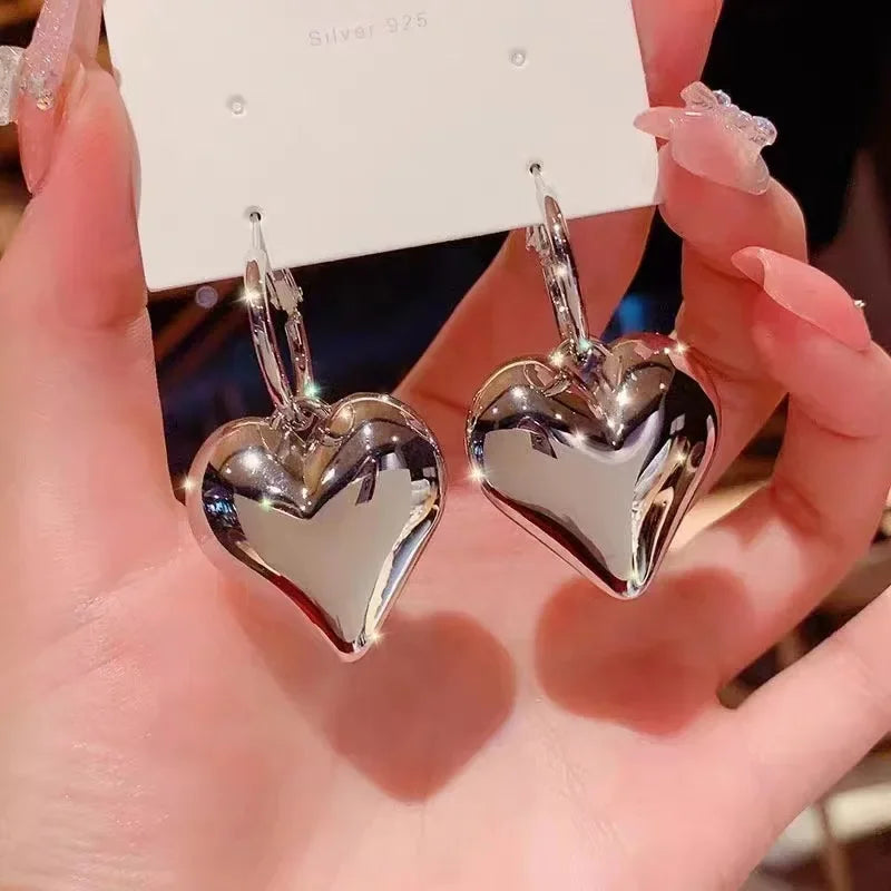Alloy Heart Shaped Pendant Hoop Earrings — Silver | KIMLUD