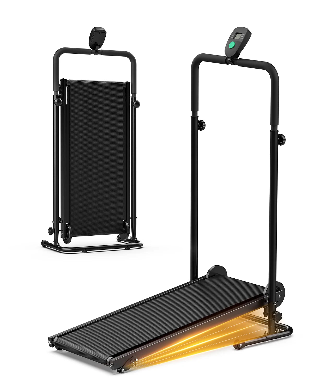 Motorless Treadmill Dual Flywheels LCD Monitor Non Slip Belt Fixed Incline — Black | KIMLUD