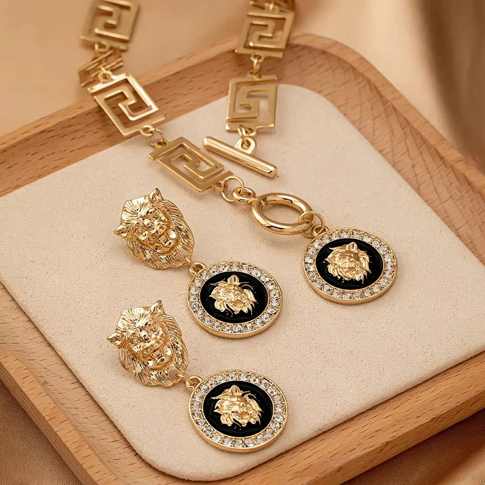 Metal Lion Head Necklace Earrings Set — Gold | KIMLUD