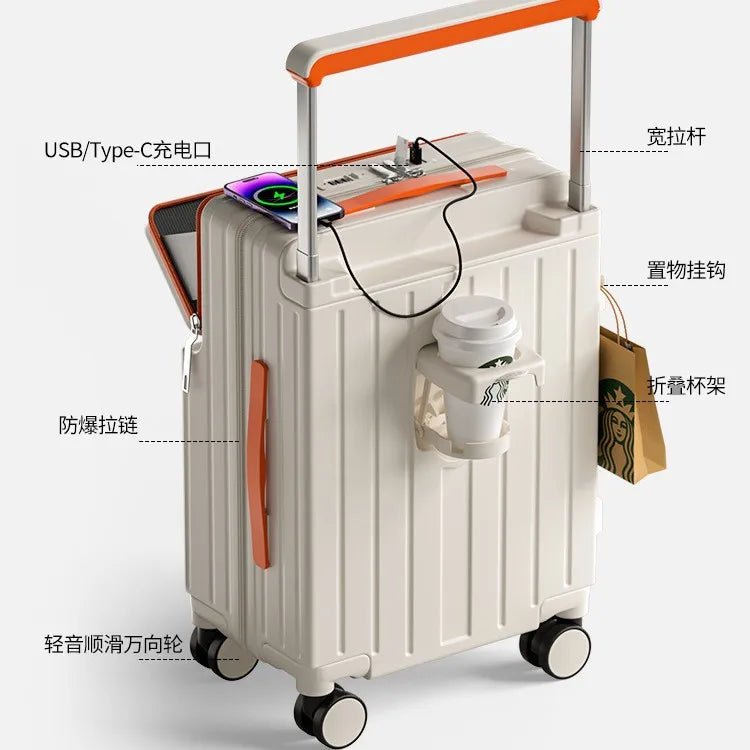 Wide tie rod suitcase Men's and women's multi-functional front opening boarding case New water cup holder Password travel case