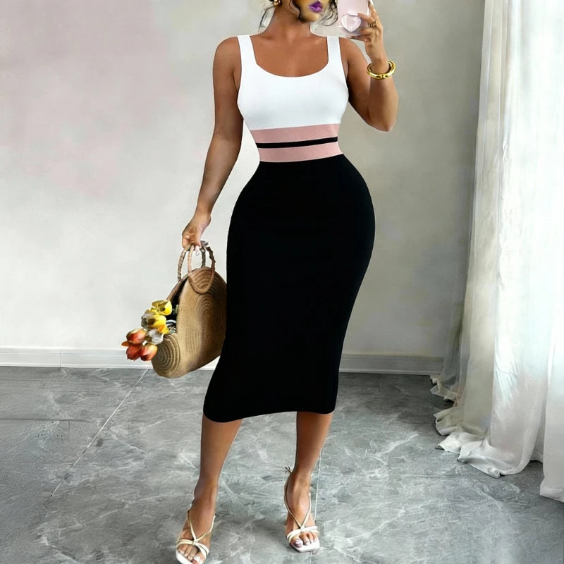 Knit Midi Dress Patchwork Square Neck — White and Black | KIMLUD