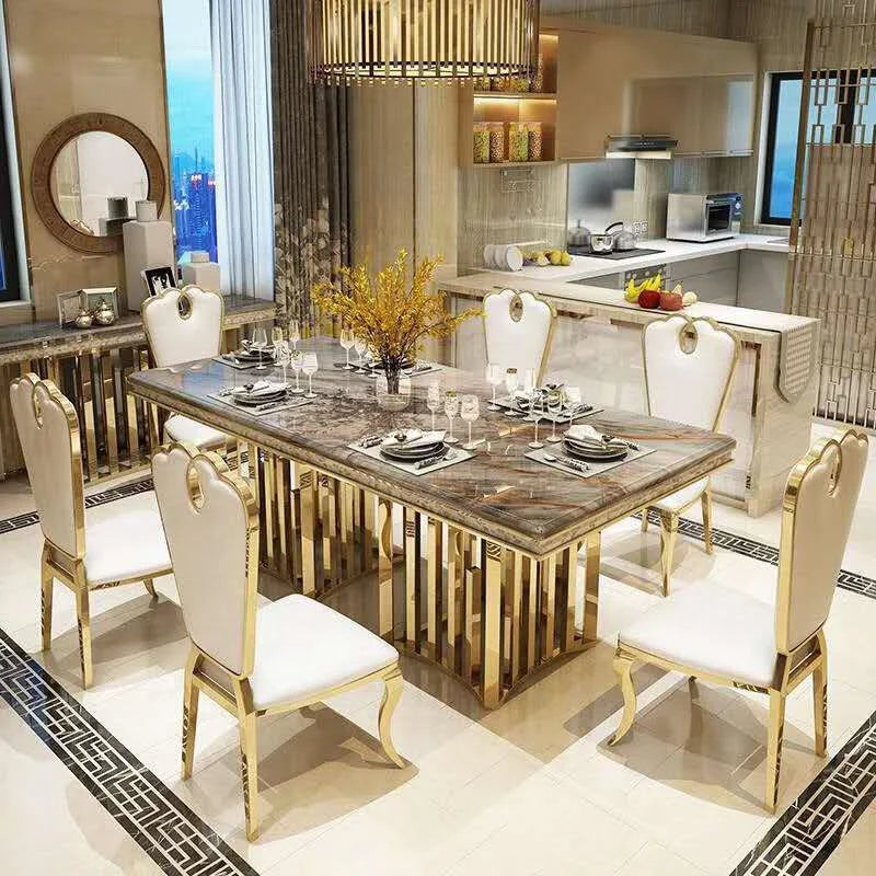 Marble Top Gold Frame Dining Table — Brown | KIMLUD
