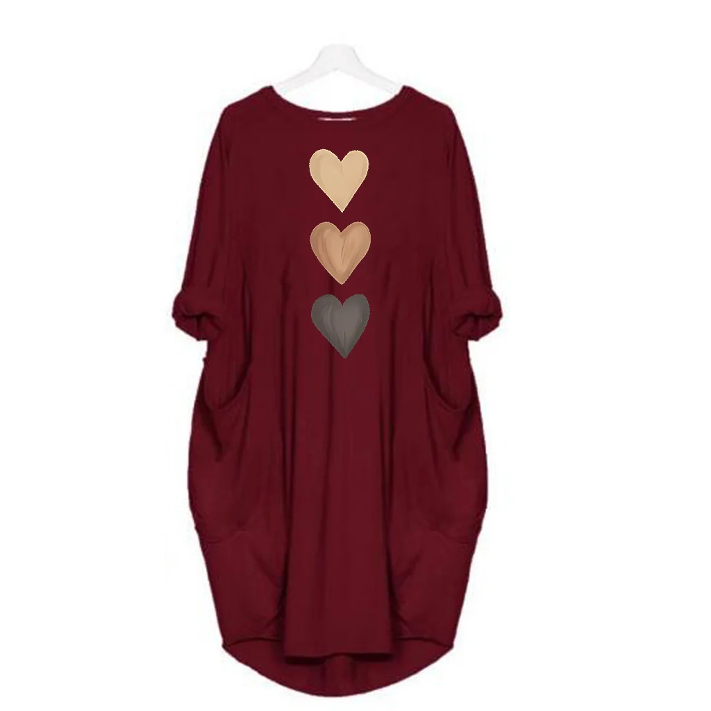 Knit Polyester Dress Three Heart Print Pockets — Black | KIMLUD