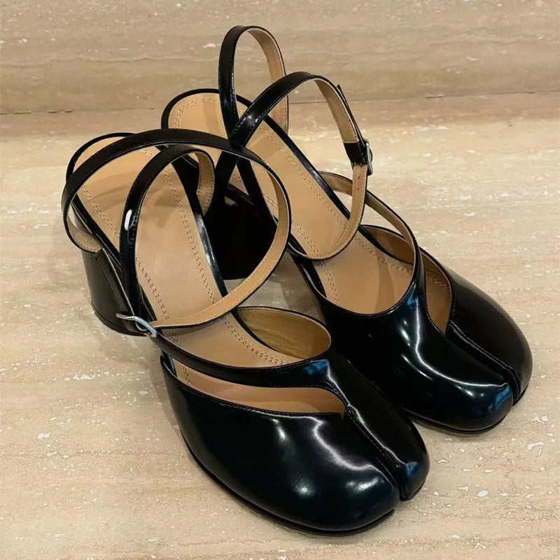 Ins style Fashion Patent Leather Split Toe Women Pumps Spring Summer Thick High heels Slingbacks Female Tabi Chunky Casual Shoes