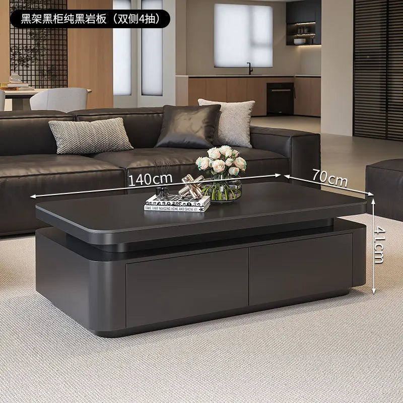 Minimalist Rock Slab Storage Coffee Table — Deep Graphite Black | KIMLUD