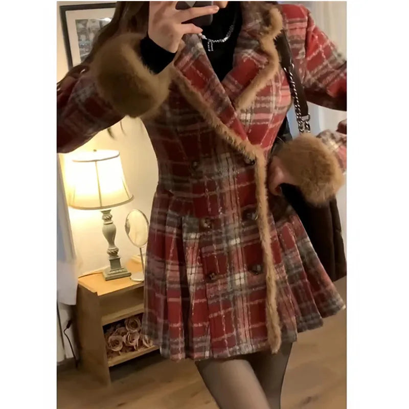 Coat – Double Breasted Plaid – Long Silhouette – Women | KIMLUD