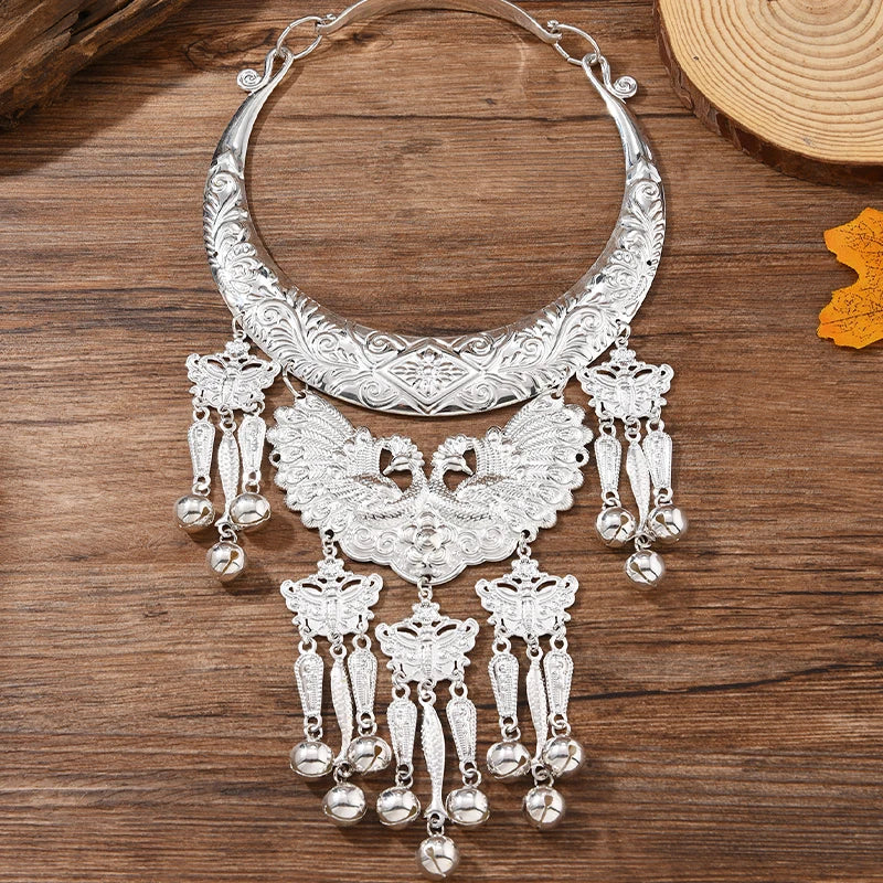 Layer Necklace - Ethnic Miao Retro - Zinc Alloy - Silver | KIMLUD