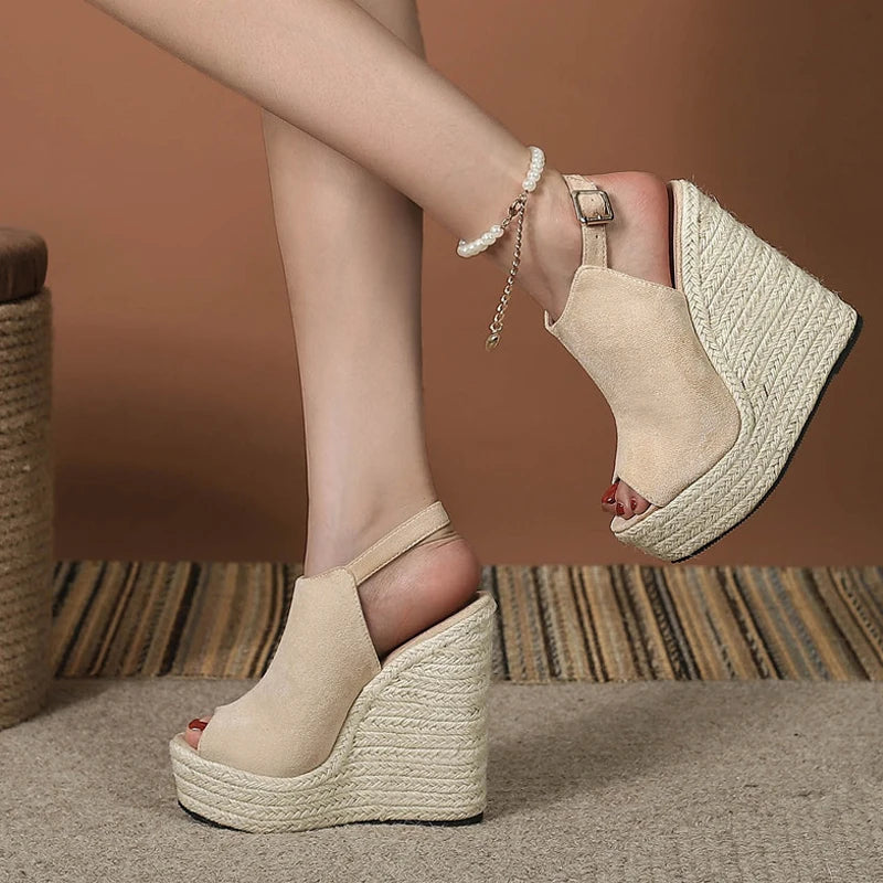 Liyke Size 34-42 Black Women Platform Wedge Sandals Summer Fashion Peep Toe Buckle Strap High Heels Ladies Shoes Sandalias Mujer