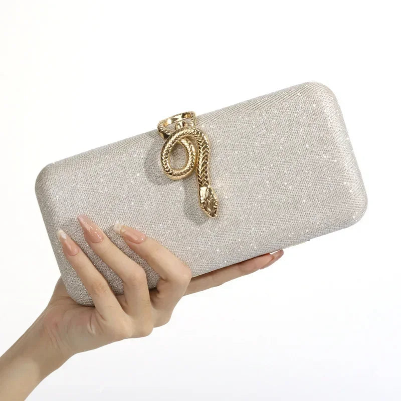 Snake Buckle Satin Evening Purse Sparkling Crystal Embellished — Champagne Pink | KIMLUD