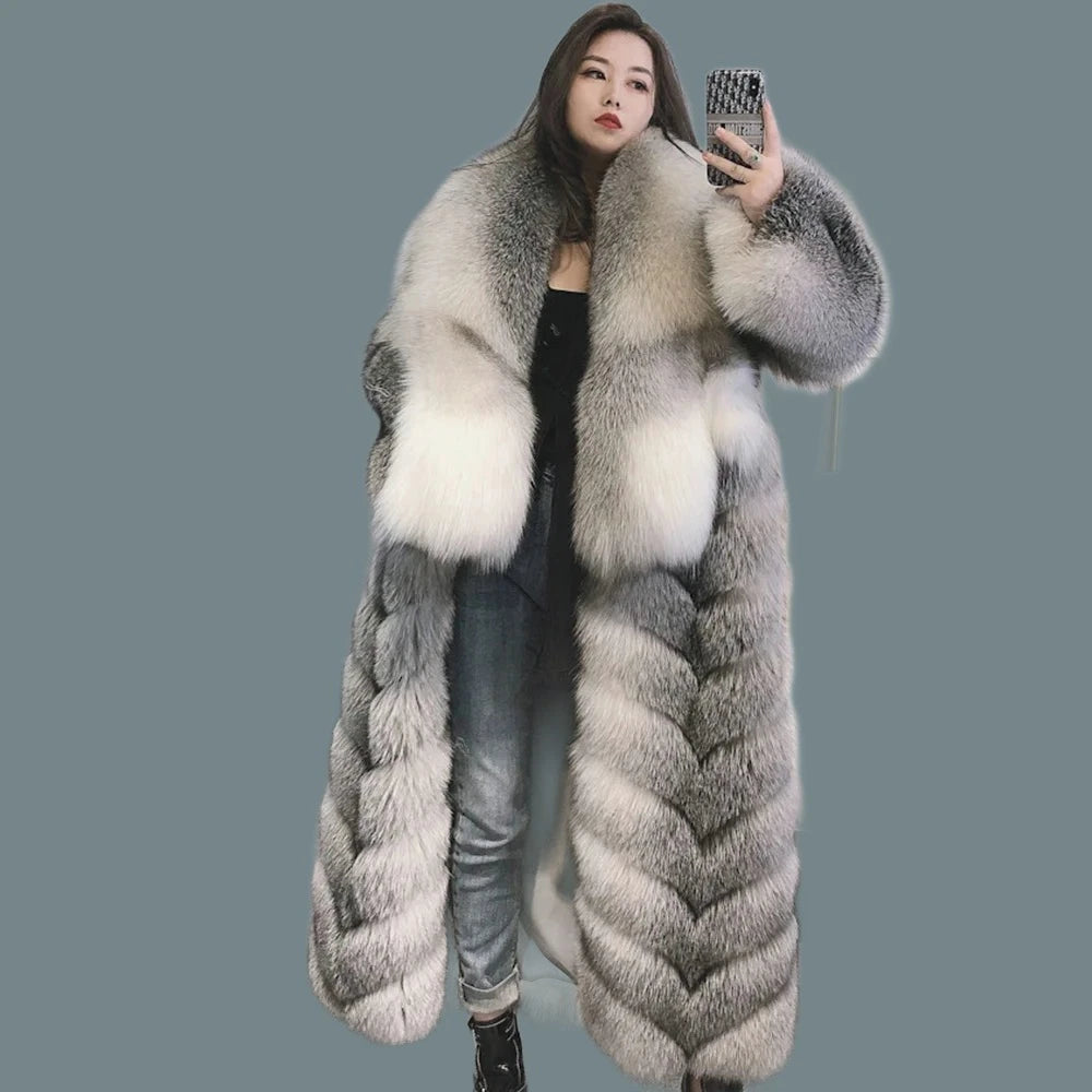 KIMLUD, 110cm Length Natural Fur Coat Genuine Fox Fur Diagonal Stripes Coats With Laper Collar 2023 Winter Fashion Luxurious Women Coat, grey / 2XL Bust 104cm, KIMLUD Women's Clothes