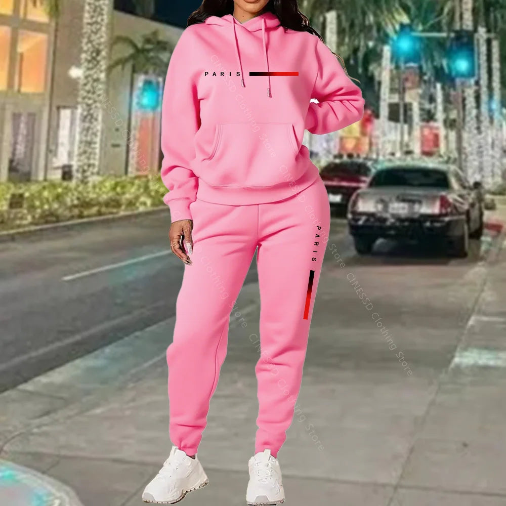 Paris Letter Print Hoodie and Pants Set — Cream | KIMLUD