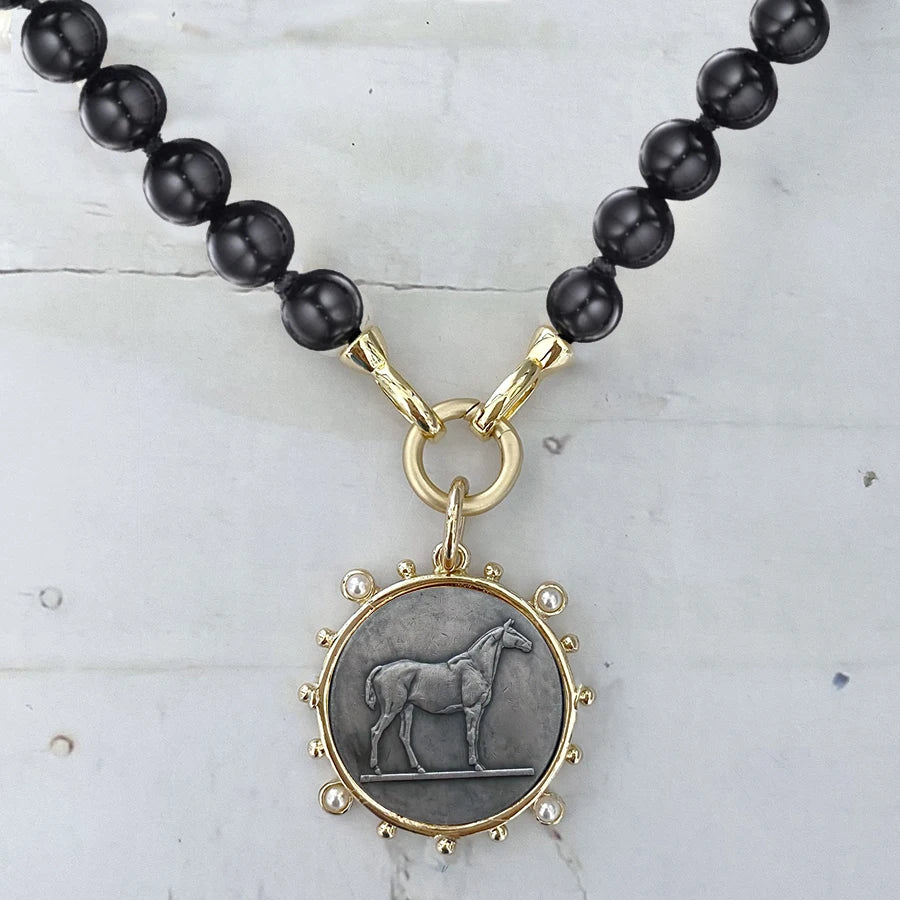 Malachite Two-Tone Horse Coin Necklace — Green | KIMLUD