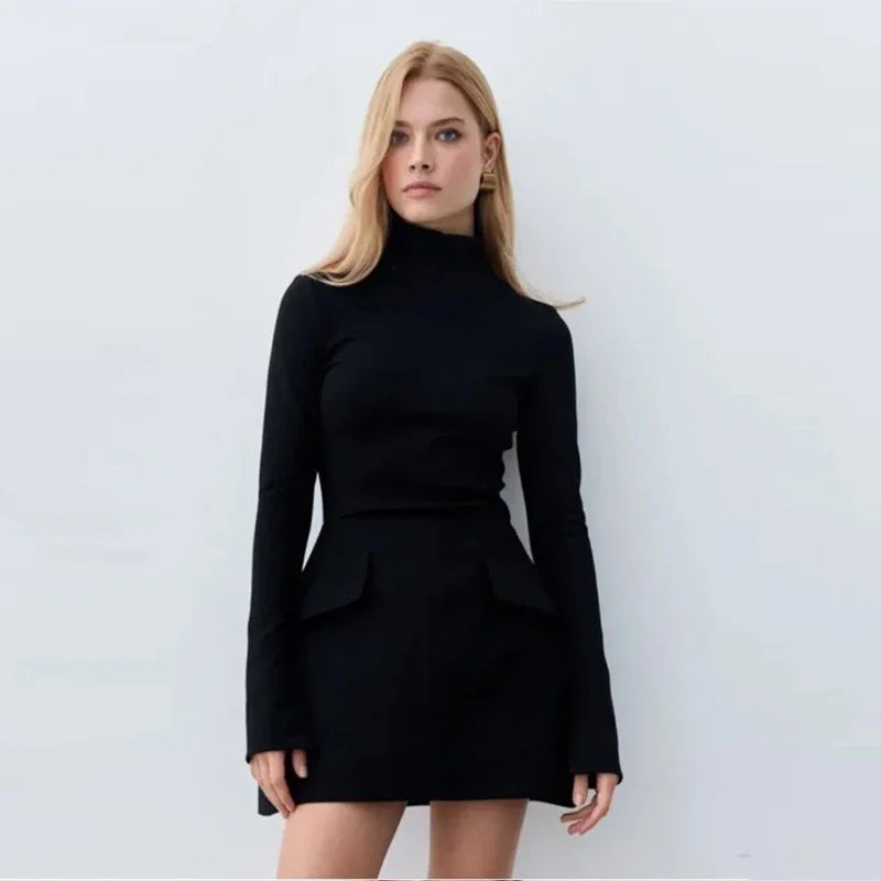 KIMLUD, Stylish Long Sleeve Half Turtleneck Dress Women Casual Autumn Spring Solid Sweet Hip Package Skirts for Female New Party Dresses, Black / S, KIMLUD Women's Clothes