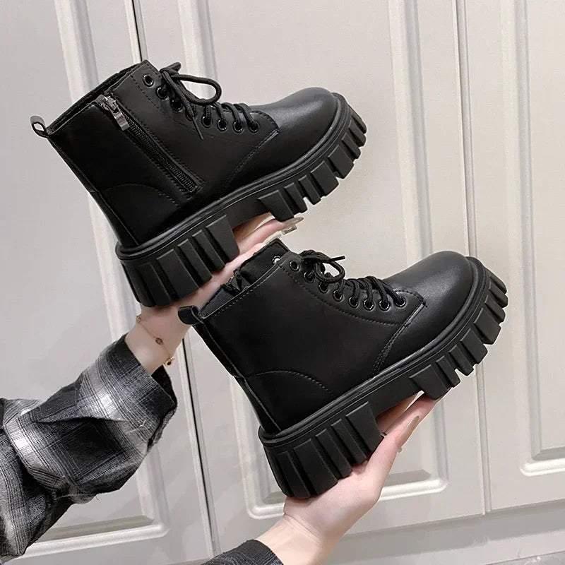 2024 White New Women Ankle Boots  Autumn Winter Platform Zipper Women Punk Boots Thick Sole Lace Up Combat Booties Female Mujer