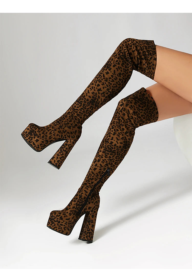 Over The Knee Boots – Leopard Print Velvet – Velvet – Leopard Print | KIMLUD