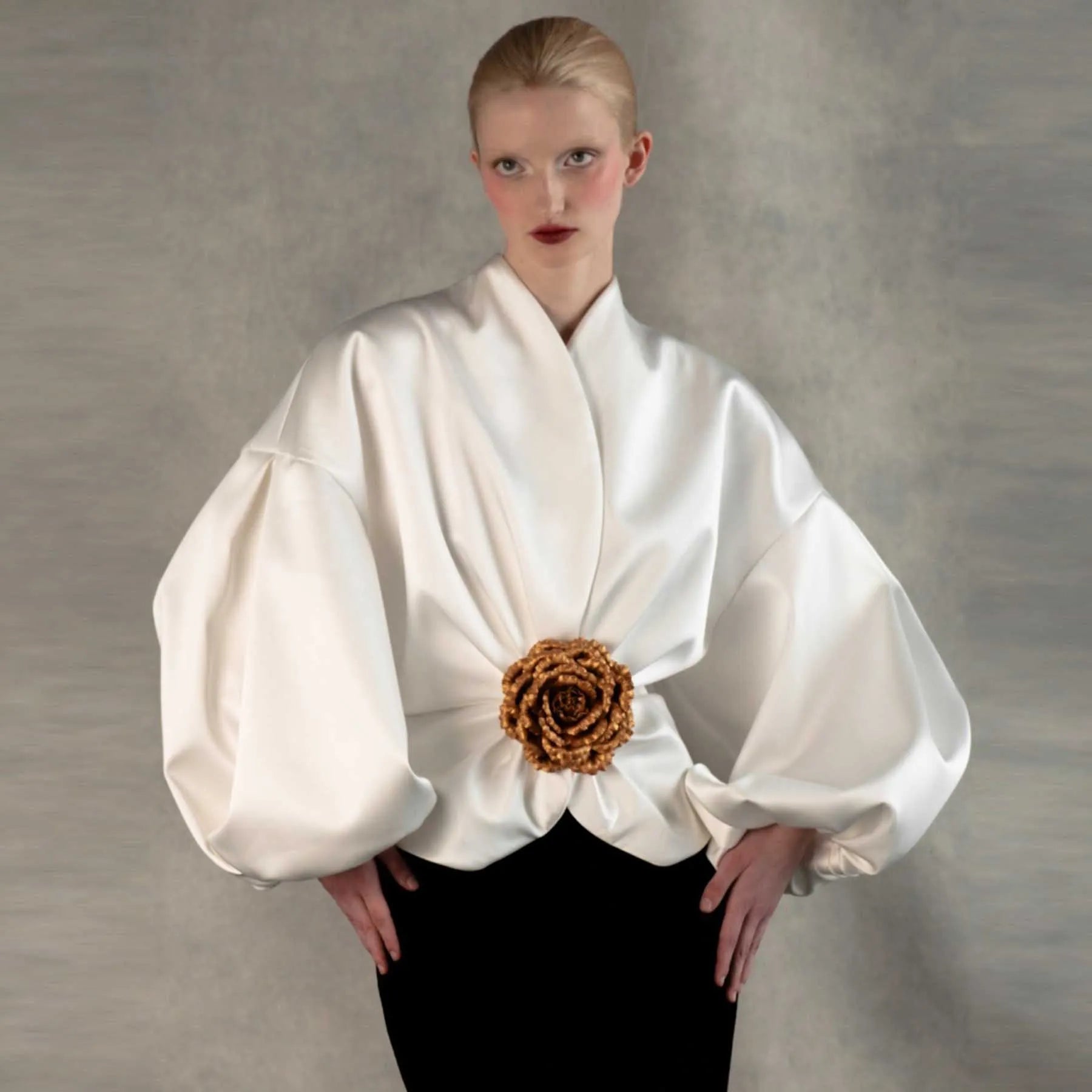 Chic Off White Top Women Suit Coat Silk Taffeta Bubble Sleeves Ladies Tops Blouse Custom Made Crop Jacket Formal Outfit Top