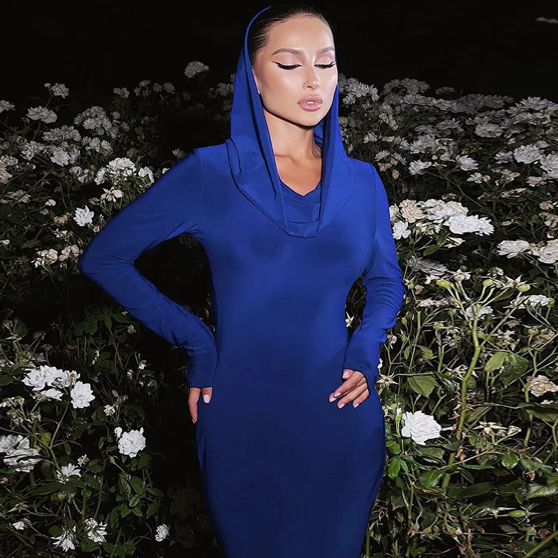 Hooded Long-Sleeve Dress – Slim Silhouette – Polyester | KIMLUD