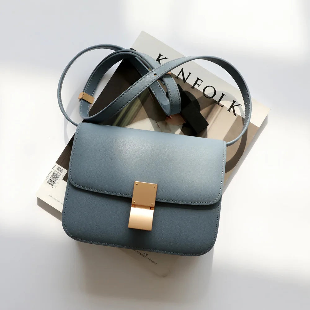 Split Leather Shoulder Bag Single Flap Lock — Black | KIMLUD