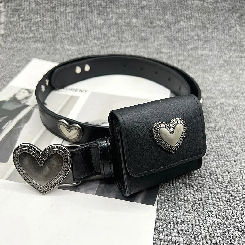 PU Leather Belt No Buckle Retro Heart Design — Black | KIMLUD