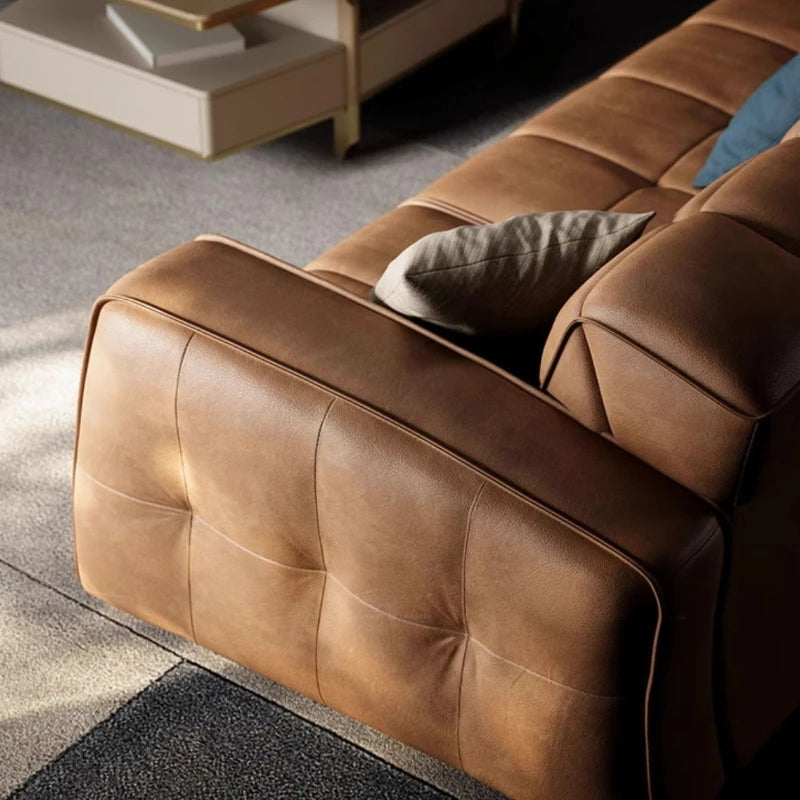 Leather Minimalist Sofa Bed Multifunctional Design Premium Italian Leather — Caramel | KIMLUD