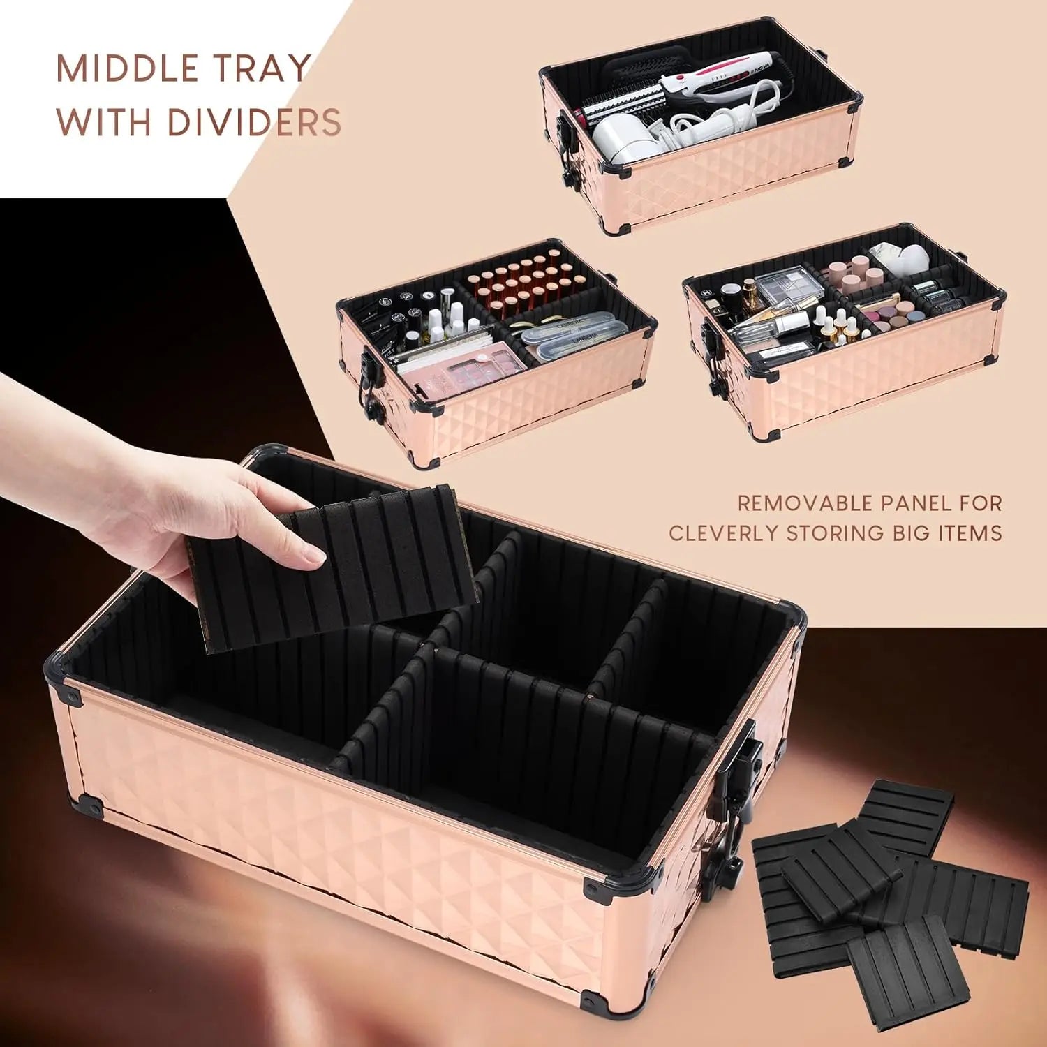Rolling Makeup Train Case 3 in 1 Professional Cosmetic Trolley Large Storage keys Wheels Case Cart Trunk for Make Up Nail Tech