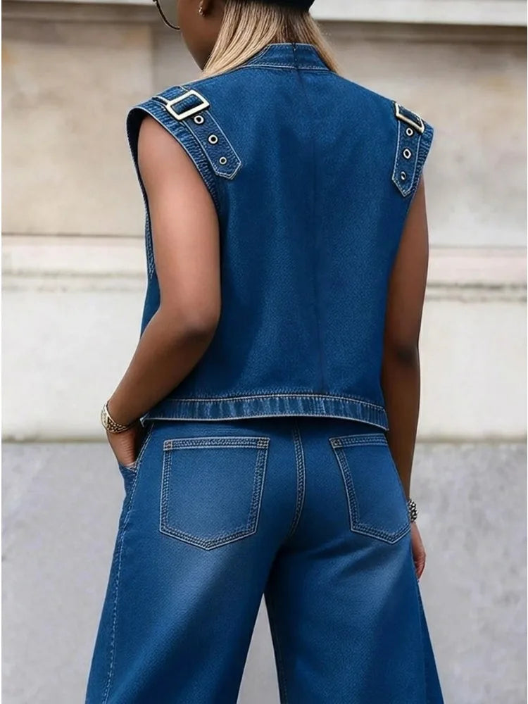 Denim Stand Collar Cropped Vest — Denim Blue | KIMLUD
