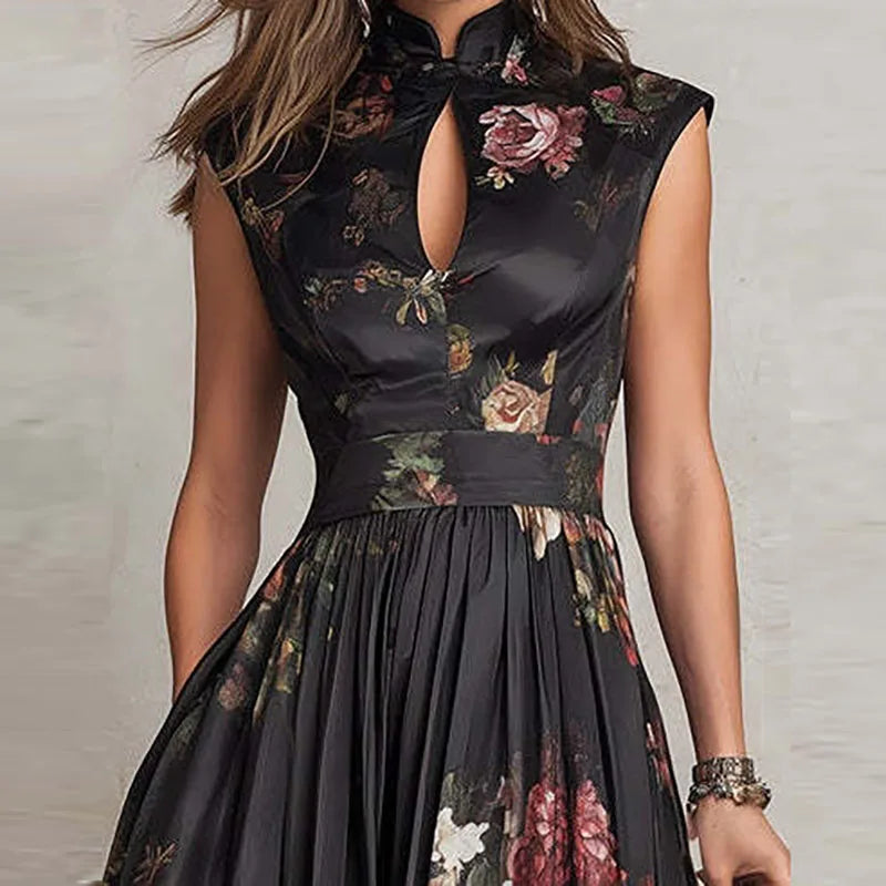 Satin A-Line Midi Dress Empire Waist Knife-Pleated Skirt — Black | KIMLUD