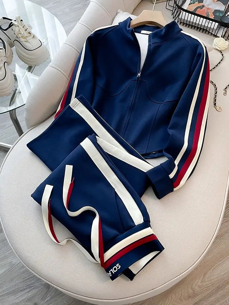 Blue Casual Sports Suit Women's Autumn and Winter Stylish Slimming Cardigan Sweatshirt Straight Leg Pants Two-piece Setpant Sets