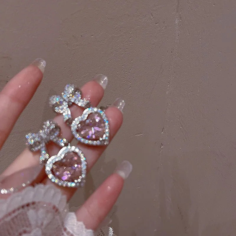 Exquisite Pink Heart Shape Bowknot Stud Earrings For Women Shining CZ Zircon Love Earring Girl Wedding Party Temperament Jewelry