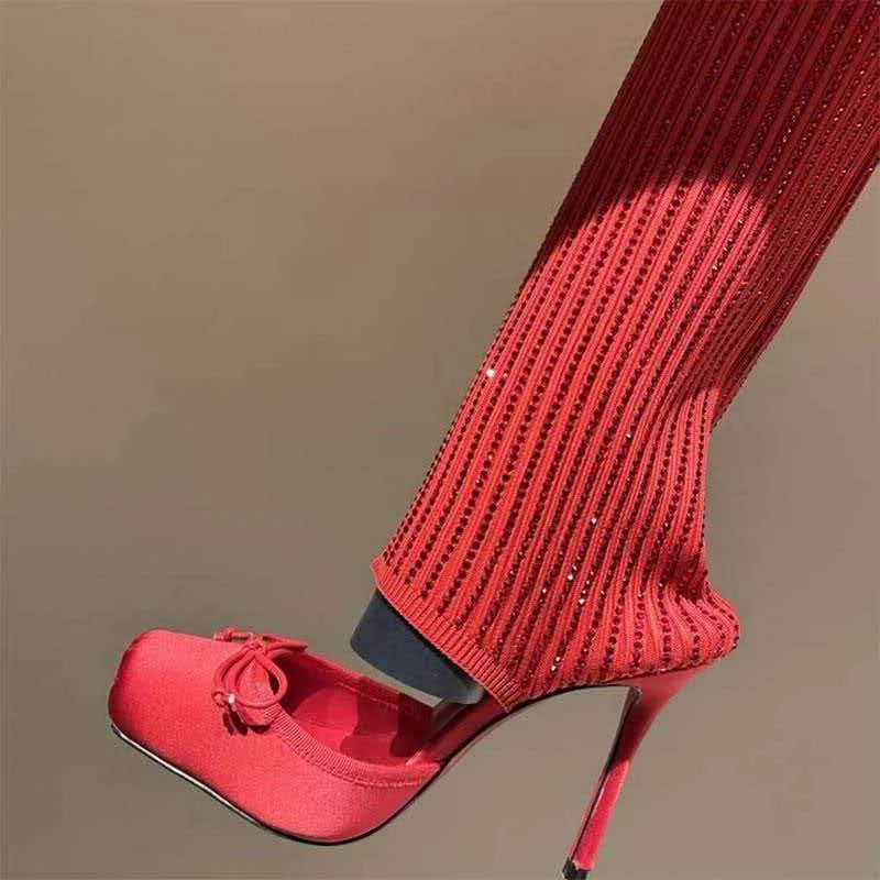 Knee-High Boots High-Heeled Square-Toe — Multicolor | KIMLUD
