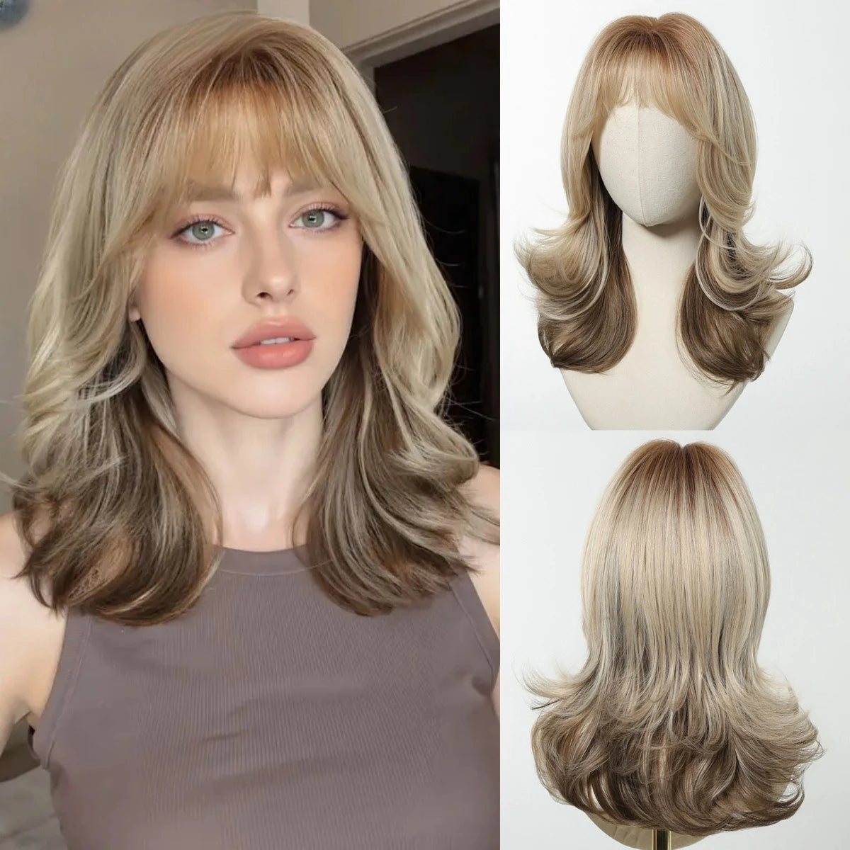 Golden Blonde Mixed Synthetic Wig Dark Root Wavy Hair With Side Bangs for Women Daily Party Cosplay wig Heat Resistant Fiber